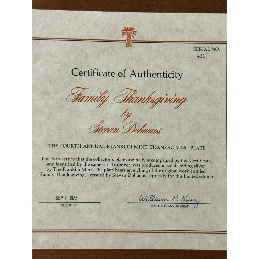 Solid Sterling Silver Franklin Mint Thanksgiving Plate 1975 6.3 Troy Oz w/ COA